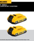 Compact 20V Max Lithium Ion Battery Twin Pack 2.0Ah features dual yellow batteries for extended runtime on tools.