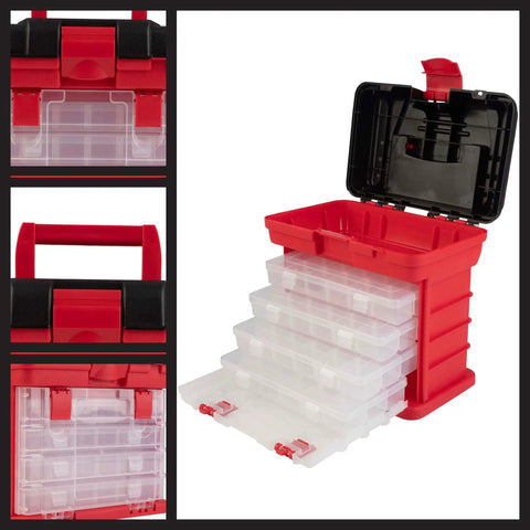 Grab And Go Portable Tool Box With Four Removable Drawers And Customizable Compartments, lightweight red organizer, open view