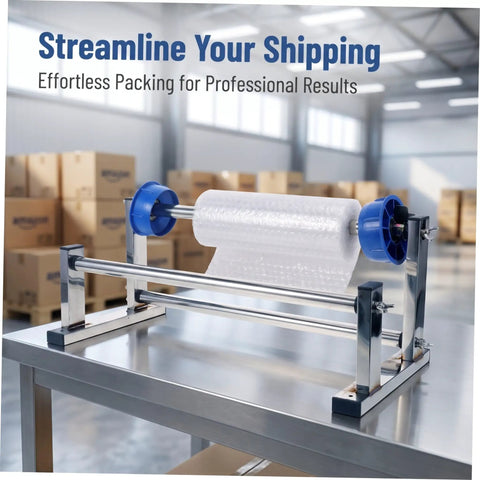 Manual Stretch Film Dispenser Stand For Shipping Supplies Hand Operated Wrap Film Holder With Metal And Plastic Construction Lightweight Yet Sturdy For Easy Desktop Wrapping And Efficient Warehouse Or Home Packing on a metal table