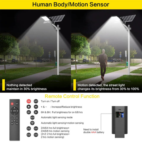 Solar Flood Light Outdoor Lamp Dusk To Dawn LED Street Light With Motion Sensor And Remote Control, brightness changes