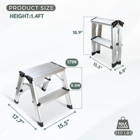 2 Step Aluminum Folding Ladder For Home And Kitchen, Grab And Go Lightweight Portable Step Stool With Wide Pedals, Compact Metal Ladder For RV And SUV, Garage Use, Supports Up To 330 Lbs. 1.4ft tall