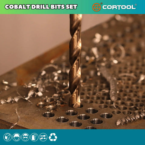Rugged 1/8 Inch Cobalt Drill Bits 20 Piece Set M35 High Speed Steel Jobber Twist Drills For Stainless Steel And Hard Metal Built Like A Tank And Knocks Any Job Clean, showing drill in action on metal.
