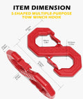 Fast Connect Easy Release Tow Hook And Winch Shackle, 33,000 Lbs Heavy Duty G80 Forged Steel S Shaped Recovery Hook For Trucks, SUVs, ATVs, Trailers, Red, Beefed Up Off Road Tow Accessory dimensions shown