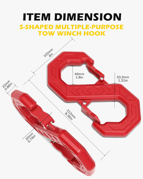 Fast Connect Easy Release Tow Hook And Winch Shackle, 33,000 Lbs Heavy Duty G80 Forged Steel S Shaped Recovery Hook For Trucks, SUVs, ATVs, Trailers, Red, Beefed Up Off Road Tow Accessory dimensions shown