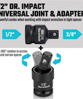 Heavy Duty One Half Inch Impact Socket Extension Set Five Piece Kit With Five Inch Ten Inch And Fifteen Inch Extensions Swivel Universal Joints And One Half To Three Eighth Inch Drive Adapter In CR V Steel For Auto And Garage Grinders showing universal joint and adapter.