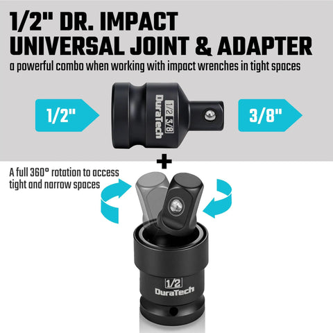 Heavy Duty One Half Inch Impact Socket Extension Set Five Piece Kit With Five Inch Ten Inch And Fifteen Inch Extensions Swivel Universal Joints And One Half To Three Eighth Inch Drive Adapter In CR V Steel For Auto And Garage Grinders showing universal joint and adapter.