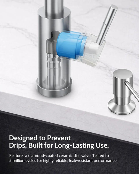 Close-up view of Pull Down Kitchen Faucet With Soap Dispenser Brushed Nickel Finish Leak Proof Ceramic Cartridge, highlighting the ceramic disc valve.