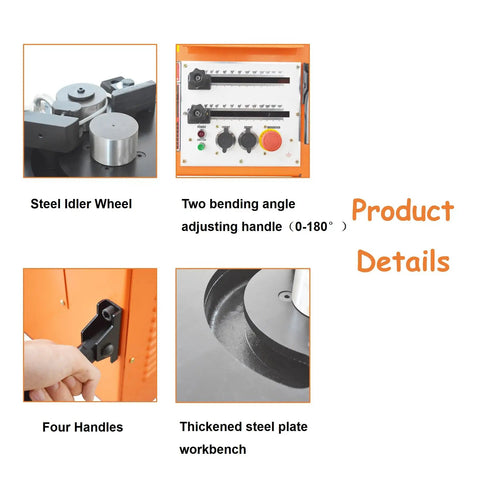 Product details of Gutsy 110V 1700W Electric Rebar Bender with steel idler wheel and adjustable angle handle.