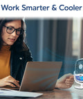 Woman using laptop with Cordless Personal Air Cooler With USB Charging 3 Speed Options Universal Clamp 360 Degree Swivel 5 Hour Battery