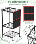 Metal Yard Tool Organizer With Side Pocket And Six Pockets Holds 50 Long Handled Tools, Rakes And Brooms All In One Heavy Duty Steel Rack For Garage Shed Or Outdoor Everyday Use, dimensions labeled