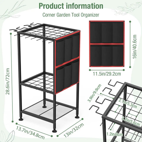 Metal Yard Tool Organizer With Side Pocket And Six Pockets Holds 50 Long Handled Tools, Rakes And Brooms All In One Heavy Duty Steel Rack For Garage Shed Or Outdoor Everyday Use, dimensions labeled