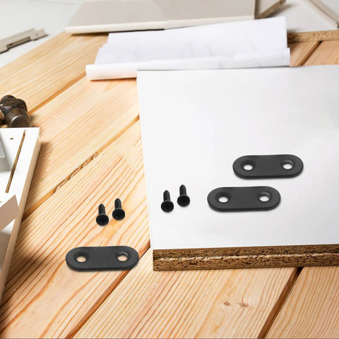 Heavy Duty Iron Corner Bracket Plates Set Of 20 Black Flat Straight Metal Brackets with screws on wooden surface