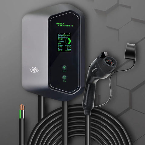 Fast 48 Amp Level 2 EV Charger For Home Hardwired Wall Mount EVSE With Amp Lock 200-240V J1772 Connector Plus Tesla NACS Adapter