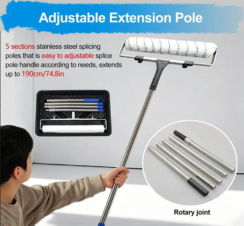 Pro Grade 18 Inch Microfiber Paint Roller Kit With Adjustable Extension Pole And Rolling Tray for easy reach and stability.
