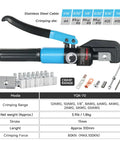 Knockout 10 Ton Hydraulic Crimper Kit With Cable Cutter Plus Nine Chromed Hex Dies For Electrical Terminals Wire Rope Brings Dead Nuts Grip And No Sweat Operation with specs and crimping dies.