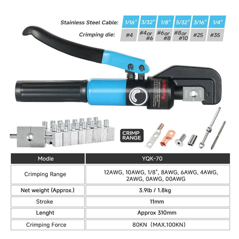 Knockout 10 Ton Hydraulic Crimper Kit With Cable Cutter Plus Nine Chromed Hex Dies For Electrical Terminals Wire Rope Brings Dead Nuts Grip And No Sweat Operation with specs and crimping dies.