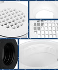 Slick Low Profile Side Outlet Shower Drain With Heavy Duty Perforated Strainer detail view of strainer and connection for thin flooring setup.