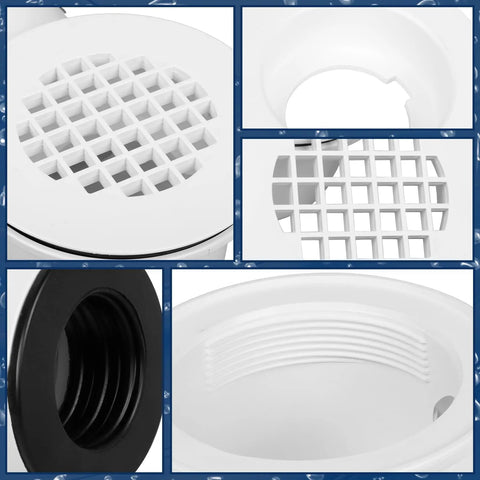 Slick Low Profile Side Outlet Shower Drain With Heavy Duty Perforated Strainer detail view of strainer and connection for thin flooring setup.