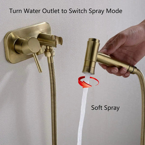 Brushed Gold Concealed Bidet Sprayer Set With Hot And Cold Water Handheld Shattaf showing soft spray mode