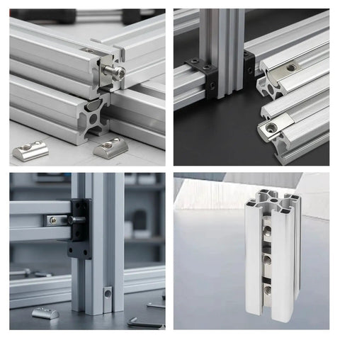 Images of aluminum T-slot framing with 24-Pack 1-4-20 Threaded Roll-In T-Nuts With Ball Springs installed.