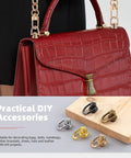 Bronze D Ring Rivet Set For Leather Purses And Handbags 21 Piece Kit displayed with red leather purse and accessories