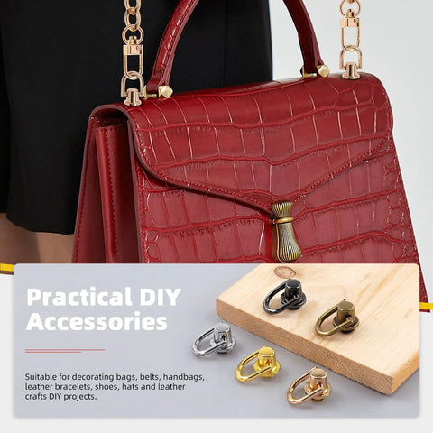 Bronze D Ring Rivet Set For Leather Purses And Handbags 21 Piece Kit displayed with red leather purse and accessories