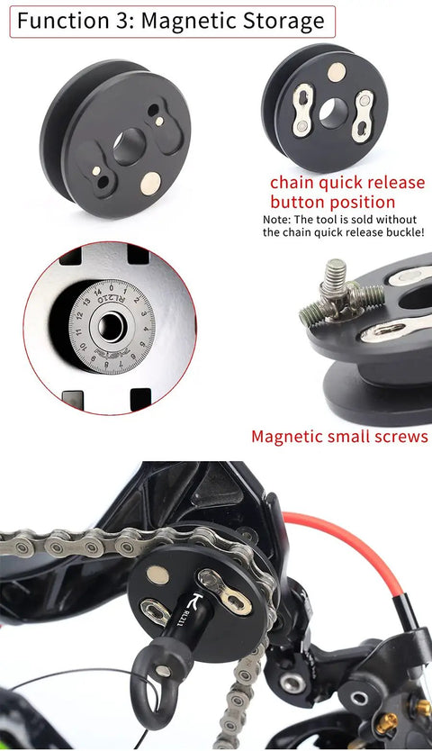 Five In One Dummy Bike Hub Tool Kit showing magnetic storage function with chain keeper and small screws for bike maintenance.