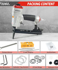 Heavy Duty Pneumatic Upholstery Stapler With 2 Inch Long Nose For Tight Corners 22 Gauge 1/4 To 5/8 Inch Staples 3/8 Inch Crown Includes 10000 Staples Rotatable Exhaust Dial Die Cast Aluminum Lightweight Air Powered Tool For Furniture shown with accessories