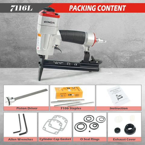 Heavy Duty Pneumatic Upholstery Stapler With 2 Inch Long Nose For Tight Corners 22 Gauge 1/4 To 5/8 Inch Staples 3/8 Inch Crown Includes 10000 Staples Rotatable Exhaust Dial Die Cast Aluminum Lightweight Air Powered Tool For Furniture shown with accessories