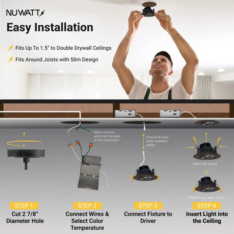 Steps to install 3 Inch Canless LED Recessed Downlight Kit 4 Pack With Gimbal Trim Easy Install Dimmable Five Color Temps 2700K To 5000K Color Temp 8W 600 Lumens 120V All In One Installer Matte Bronze Finish