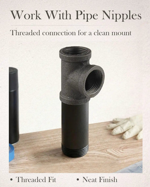 10 Pack Three Quarter Inch Malleable Cast Iron Pipe Tees for Threaded Black Pipes and Fittings on wooden table