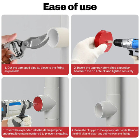 Steps using Pro Grade 9 Piece PVC Pipe Reamer Kit With 1/2, 3/4, 1, 1-1/4, 1-1/2, 2, 2-1/2, 3, 4 Inch Reamers