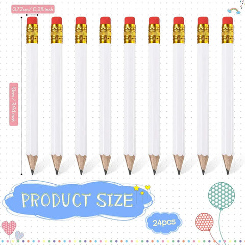 Front view of 24 Pack Mini White Golf Pencils With Erasers, Short Hexagon Wooden 2B Graphite Pencils for various events.