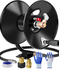 Heavy Duty Pressure Washer Hose Reel With 4000 PSI Rating, metal reel with fittings, gloves, and hose accessories visible
