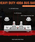 Detailed view of Badass 400A Bus Bar With 12V Power Distribution Block and four stainless steel studs on a nylon base.