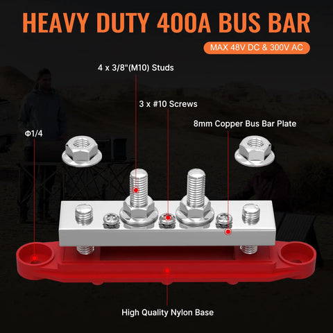 Detailed view of Badass 400A Bus Bar With 12V Power Distribution Block and four stainless steel studs on a nylon base.
