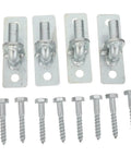 Four Pack Heavy Duty Wall Mount Gate Hinges With Included Mounting Screws Rock Solid Offset Swing Farm Barn Fence Hardware Built Tough With Straight Up Reliable Performance Always, showing hinge components and screws.