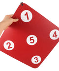 Hand holding Sturdy Indoor Hanging Fencing Practice Target With Dope Double Sided Rubber Surface, numbered sections visible