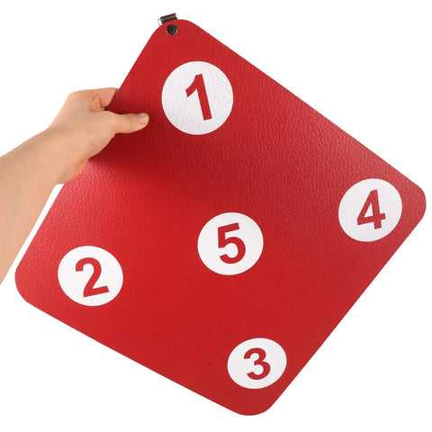 Hand holding Sturdy Indoor Hanging Fencing Practice Target With Dope Double Sided Rubber Surface, numbered sections visible
