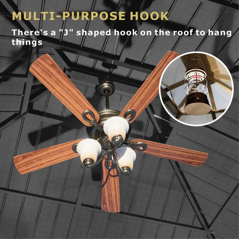 Ceiling fan with wooden blades and light fixture under a metal roof, featuring a 'J' shaped hook for hanging accessories.