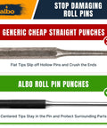 Comparison of generic straight punch versus Albo roll pin punch emphasizing protection of roll pins.