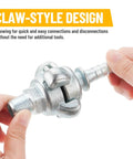 Hands holding Half Inch NPT Iron Air Hose Fittings Set, Chicago Universal Coupling with claw-style design for easy connections.