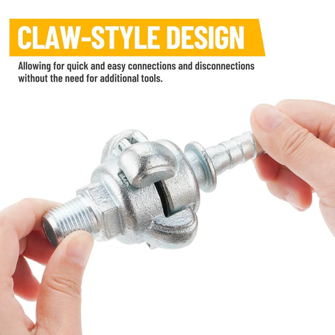 Hands holding Half Inch NPT Iron Air Hose Fittings Set, Chicago Universal Coupling with claw-style design for easy connections.
