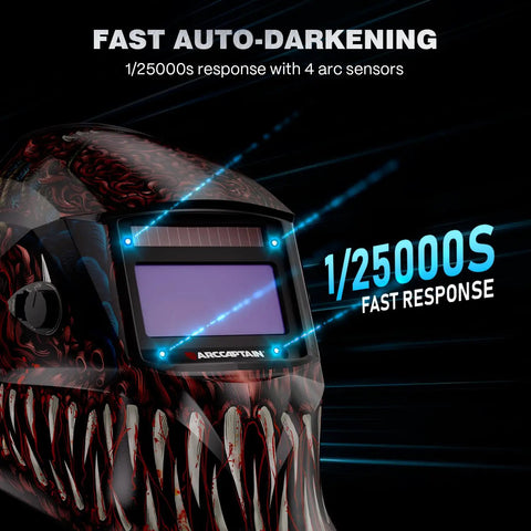 Ultra Fast Auto Darkening Welding Helmet With Four Arc Sensors and Lightning Quick Light To Dark Transition Adjustable Shade Range Four To Thirteen Ideal For TIG MIG ARC Welding Durable Safety Gear For Pros And DIY Welders, front view