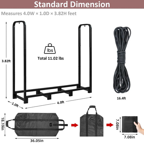 Beefy Heavy Duty Firewood Rack With Log Carrier Four Foot Outdoor Wood Storage Stand Adjustable Length With Rope and Bag