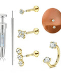 18G Nose Studs And Horseshoe Nose Ring Set With Taper Ball Grabber Tool Threadless Flat Back Labret Earrings Lip Rings Nostril Septum Piercing Jewelry In Gold Tone Cubic Zirconia Bling For Women And Men, gold CZ set with taper tool