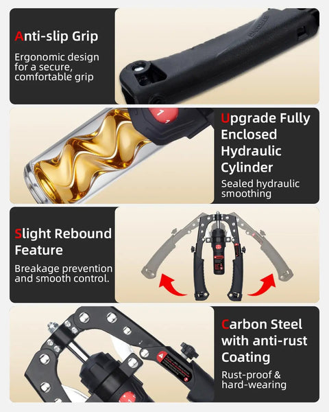 Abahub Twister Arm Exerciser features anti-slip grips and enclosed hydraulic cylinder for smooth adjustments and secure use.