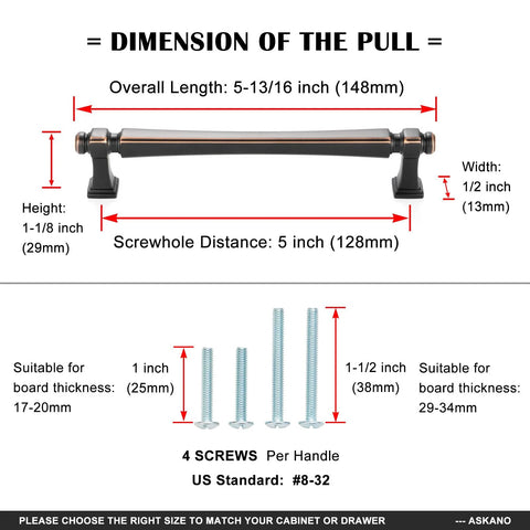 Diagram showing dimensions of 10 Pack 5 Inch Hole Centers Polished Chrome Cabinet Pulls with 1 Inch and 1 1/2 Inch Screws.