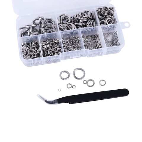 Spring Lock Washer Set 600 Pcs 304 Stainless Steel Assortment Kit Includes M2 M2.5 M3 M4 M5 M6 M8 M10 For Secure Fastening In DIY Furniture Home Improvement And Construction Projects, organizer box with sizes and tool