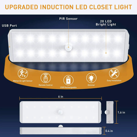 Diagram of USB Rechargeable Motion Sensor Closet Light 3 Pack With Remote Dimmable Under Cabinet LED Light Bar Stick Anywhere Night Light, dimensions shown